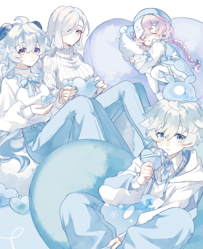 1boy, 3girls, :o, alternate_costume, blue_eyes, blue_hair, blue_nails, blue_pants, braid, braided_ponytail, breasts, chongyun_(genshin_impact), closed_eyes, closed_mouth, ganyu_(genshin_impact), genshin_impact, grey_hair, hair_between_eyes, hair_ornament, hair_over_one_eye, hair_ribbon, hat, heart, heart_hair_ornament, highres, holding, horns, kun_(user_ahgn2825), large_breasts, light_blue_hair, long_hair, long_sleeves, looking_at_viewer, lying, medium_breasts, multiple_girls, nail_polish, ofuda, on_side, pants, parted_lips, purple_hair, qiqi_(genshin_impact), ribbed_sweater, ribbon, seelie_(genshin_impact), shenhe_(genshin_impact), simple_background, sitting, sleeping, slime_(genshin_impact), stuffed_animal, stuffed_sheep, stuffed_toy, sweater, turtleneck, turtleneck_sweater, violet_eyes