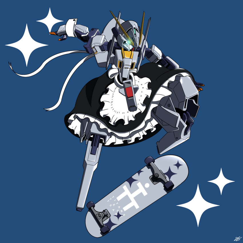 advance_of_zeta, alternate_costume, apron, black_skirt, blue_eyes, clothed_robot, commentary, english_commentary, enmaided, glowing, glowing_eye, gundam, highres, maid, maid_apron, mecha, mobile_suit, no_humans, outstretched_arms, robot, science_fiction, skateboard, skateboarding, skirt, solo, tr-6_woundwort, v-fin, waist_apron, white_apron, white_wrist_cuffs, wrist_cuffs, zjeorno