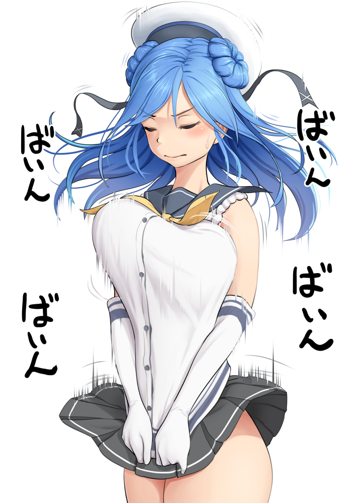 beret, blue_hair, breasts, closed_eyes, double_bun, elbow_gloves, gloves, hair_bun