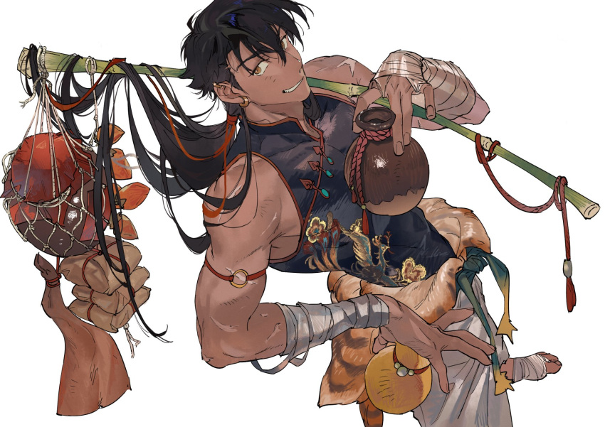 1boy, arm_strap, arm_wrap, atie1225, baggy_pants, bamboo, bamboo_shoot, bindle, black_hair, bright_pupils, brown_eyes, chinese_commentary, cowboy_shot, dark-skinned_male, dark_skin, foot_wraps, grin, hands_up, highres, holding_bamboo_shoot, leg_wrap, long_hair, looking_at_viewer, male_focus, o-ring, o-ring_arm_strap, original, pants, phoenix_print, scar, scar_on_arm, shirt, simple_background, skin_tight, sleeveless, sleeveless_shirt, smile, solo, standing, tiger_skin, toned, toned_male, very_long_hair, white_background