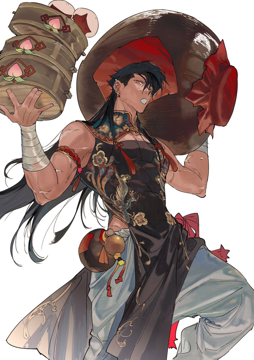 1boy, arm_wrap, armlet, atie1225, baggy_pants, bamboo_steamer, black_hair, bright_pupils