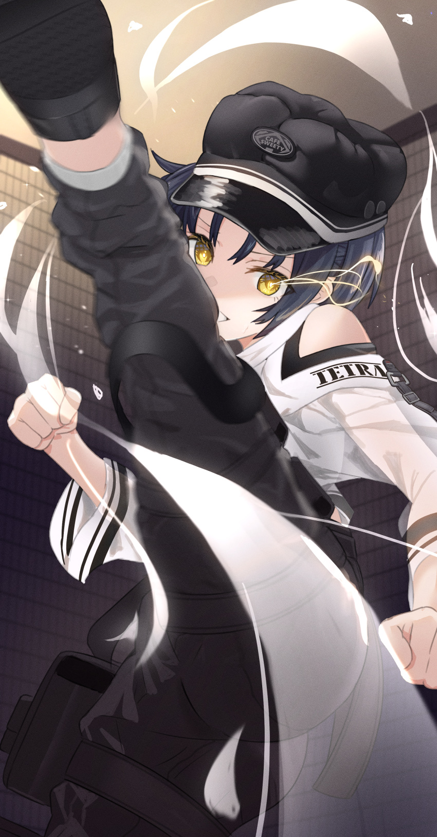 1girl, absurdres, ankle_boots, ankle_lace-up, black_footwear, black_hair, black_headwear, black_pants, black_sports_bra, bob_cut, boots, cargo_pants, cross-laced_footwear, goddess_of_victory:_nikke, highres, kicking, lace-up_boots, leg_up, milk_(nikke), nero2, pants, shirt, short_hair, solo, sports_bra, tomboy, white_shirt, yellow_eyes