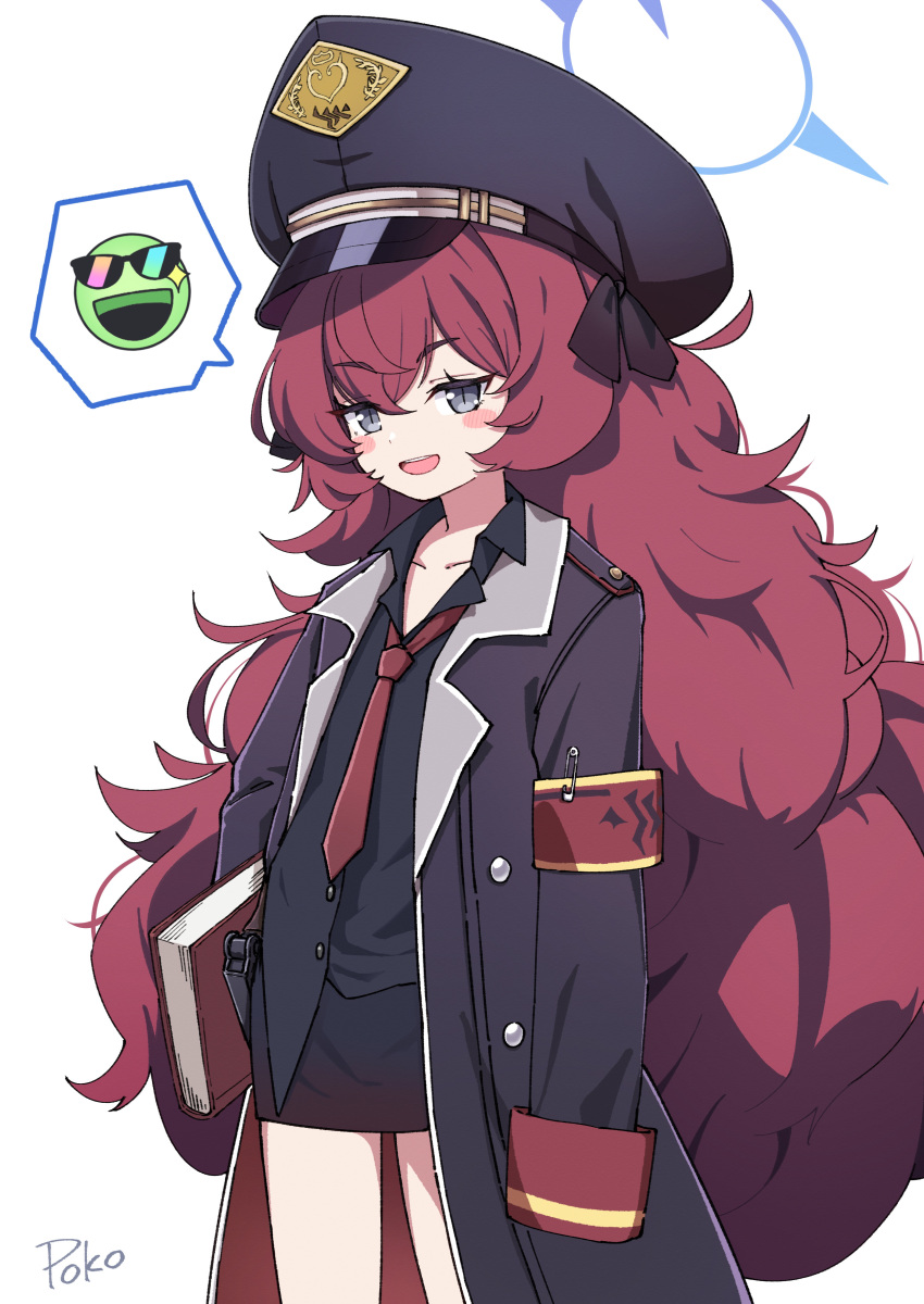 1girl, :d, absurdres, armband, black_coat, black_skirt, blue_archive, blush_stickers