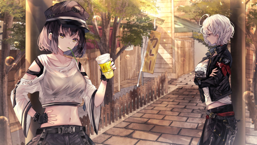 2girls, ahoge, armband, band_shirt, belt, black_footwear, black_hair, black_headwear
