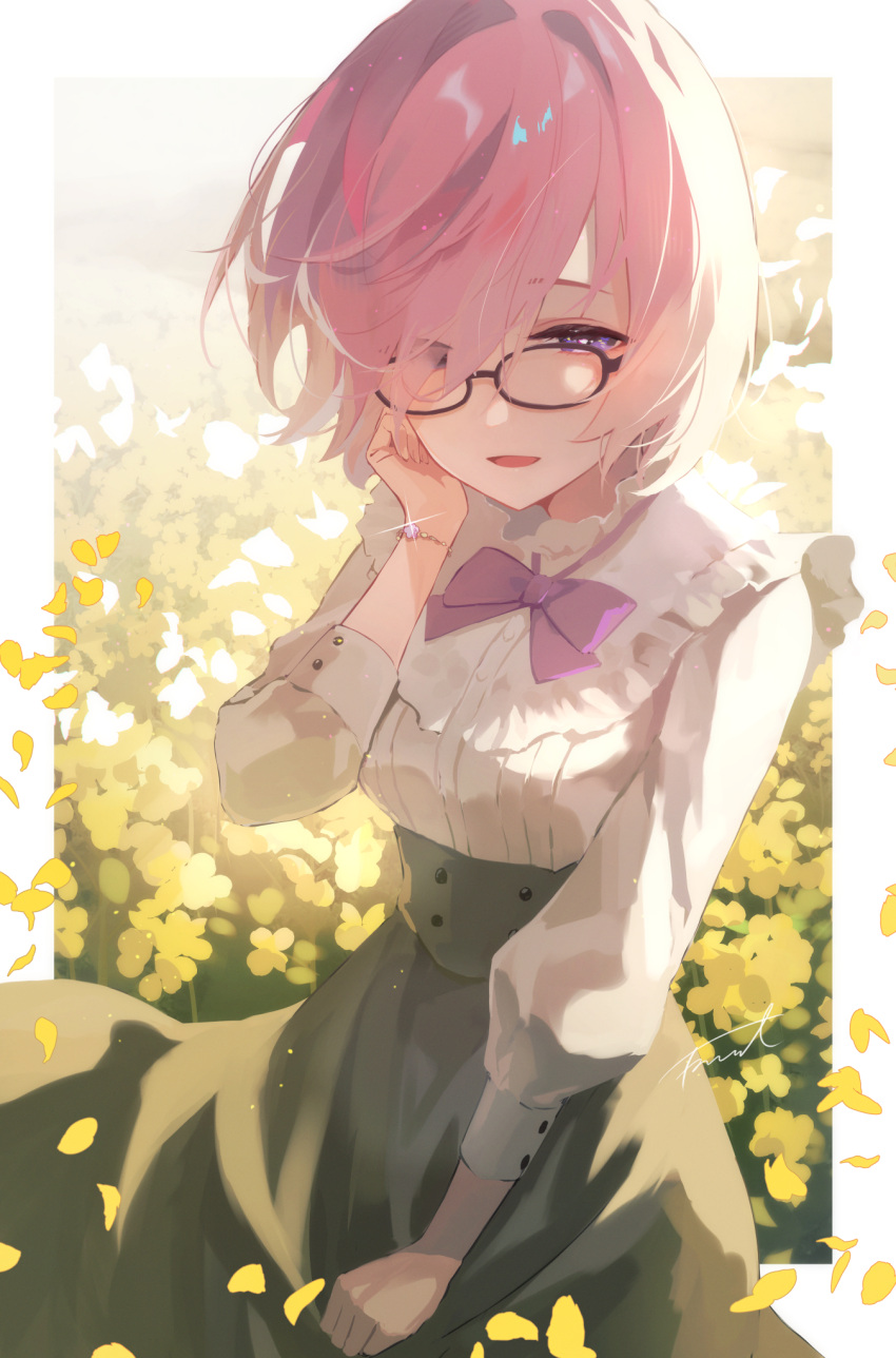 1girl, alternate_costume, black-framed_eyewear, bow, bowtie, buttons, commentary_request, fate/grand_order