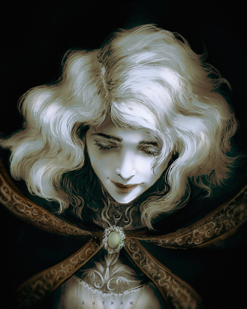 1girl, absurdres, alternate_color, artist_name, astraw, black_background, blonde_hair, brooch, cape, cloak, closed_eyes, closed_mouth, elden_ring, eyelashes, gem, green_brooch, green_cloak, highres, hood, hooded_cape, jewelry, long_hair, painting_(medium), red_lips, roderika_(elden_ring), simple_background, solo, traditional_media