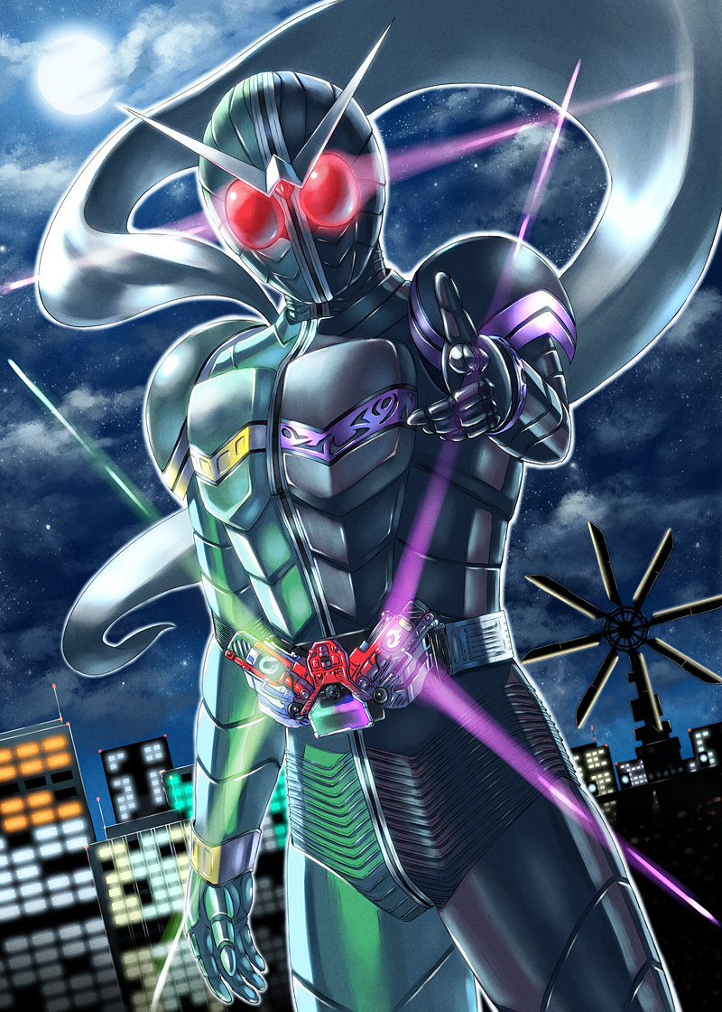 belt, city, glowing, glowing_eyes, kamen_rider, kamen_rider_double, kamen_rider_w, night