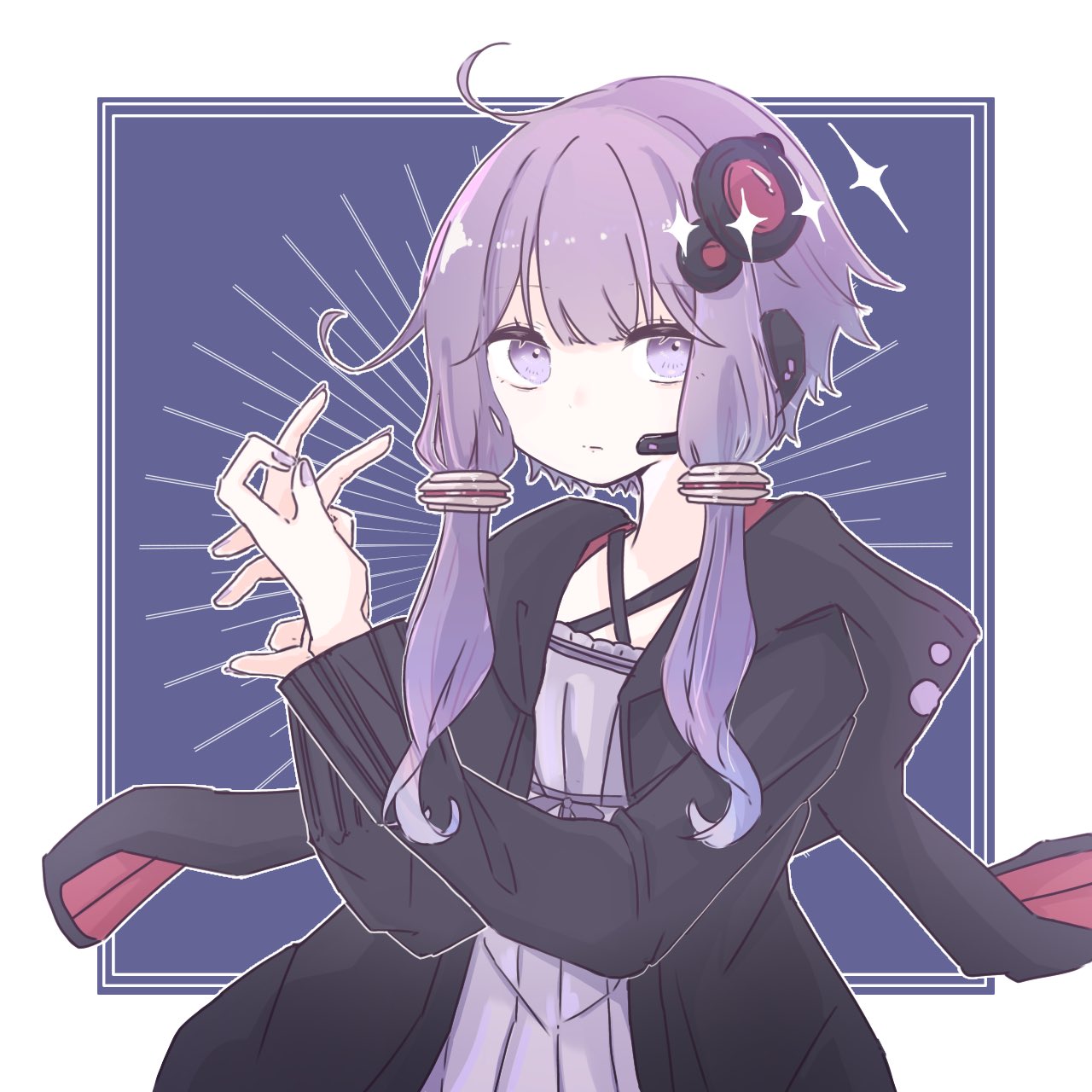 1girl, ahoge, animal_hood, black_hoodie, blue_background, blunt_bangs, border, closed_mouth, commentary, criss-cross_halter, dress, expressionless, floating_headgear, hair_ornament, hair_strand, halter_dress, halterneck, hands_up, headgear, headphones, highres, hood, hood_down, hoodie, kokonama, light_purple_hair, looking_at_viewer, microphone, outline, outside_border, purple_dress, purple_nails, rabbit_hood, rabbit_shadow_puppet, ribbed_dress, short_hair_with_long_locks, solo, sunburst, upper_body, violet_eyes, vocaloid, voiceroid, white_border, white_outline, yuzuki_yukari