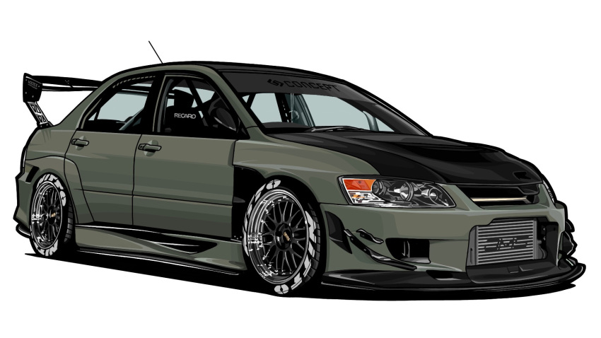 car, highres, kaizou-sha_no_illust_bot, mitsubishi_lancer_evolution, mitsubishi_motors, motor_vehicle, no_humans, original