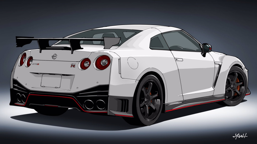 artist_name, black_background, car, from_behind, highres, motor_vehicle, nissan, nissan_gt-r