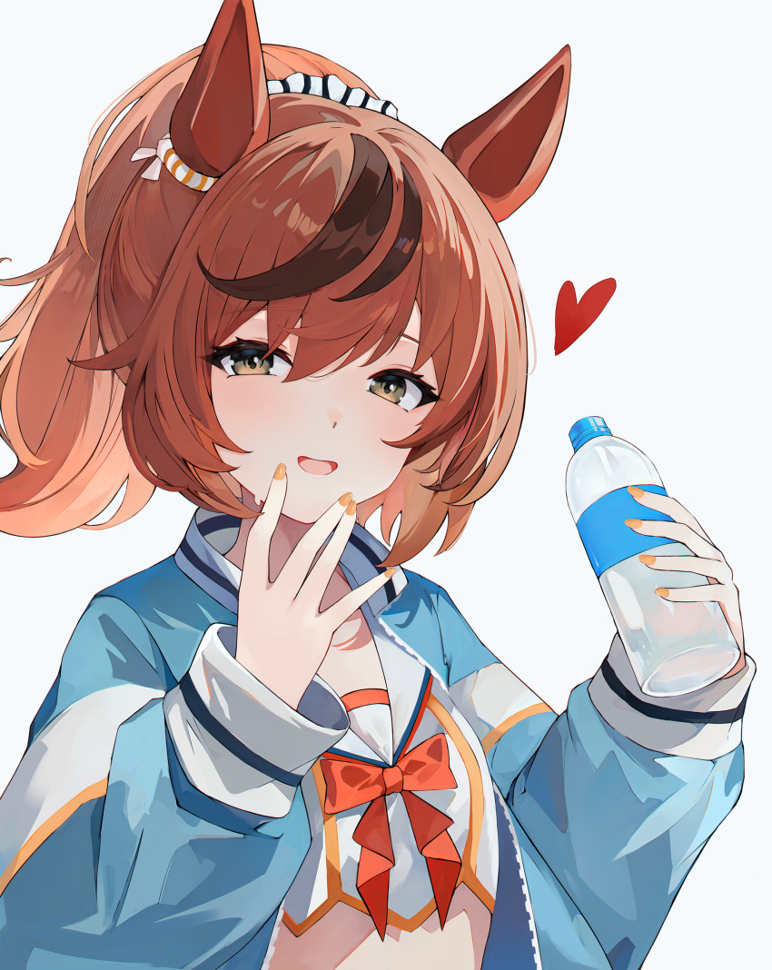 1girl, absurdres, blue_jacket, bottle, brown_hair, grey_eyes, highres, holding