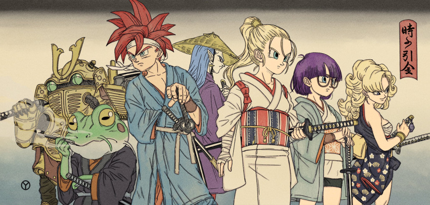 1other, 3boys, 3girls, armor, ayla_(chrono_trigger), bandaged_arm, bandaged_chest, bandaged_hand