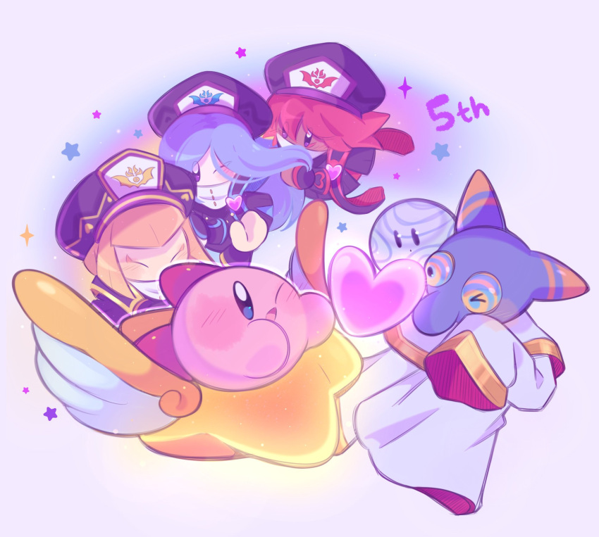 1boy, 2others, 3girls, anniversary, blonde_hair, blue_hair, blush_stickers, closed_eyes, colored_skin, disembodied_limb, fafameow, flamberge_(kirby), francisca_(kirby), friend_star, hat, heart, highres, hyness, kirby:_star_allies, kirby_(series), looking_at_another, military_hat, one_eye_closed, open_mouth, pink_skin, redhead, solid_oval_eyes, star_(symbol), void_soul, zan_partizanne