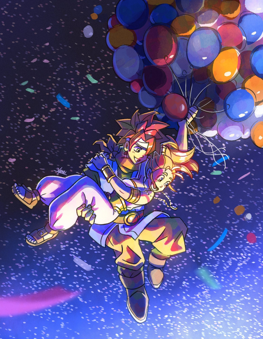 1boy, 1girl, armlet, balloon, bare_shoulders, blue_tunic, boots, bracer, carrying, chrono_trigger, confetti, crono_(chrono_trigger), emi-bianchi, full_body, gold_trim, grin, headband, highres, holding, holding_balloon, jewelry, marle_(chrono_trigger), necklace, open_mouth, orange_hair, orange_pants, orange_scarf, pants, pendant, ponytail, princess_carry, redhead, sandals, scarf, shirt, smile, spiky_hair, strapless, teeth, tube_top, white_headband, white_pants, white_shirt