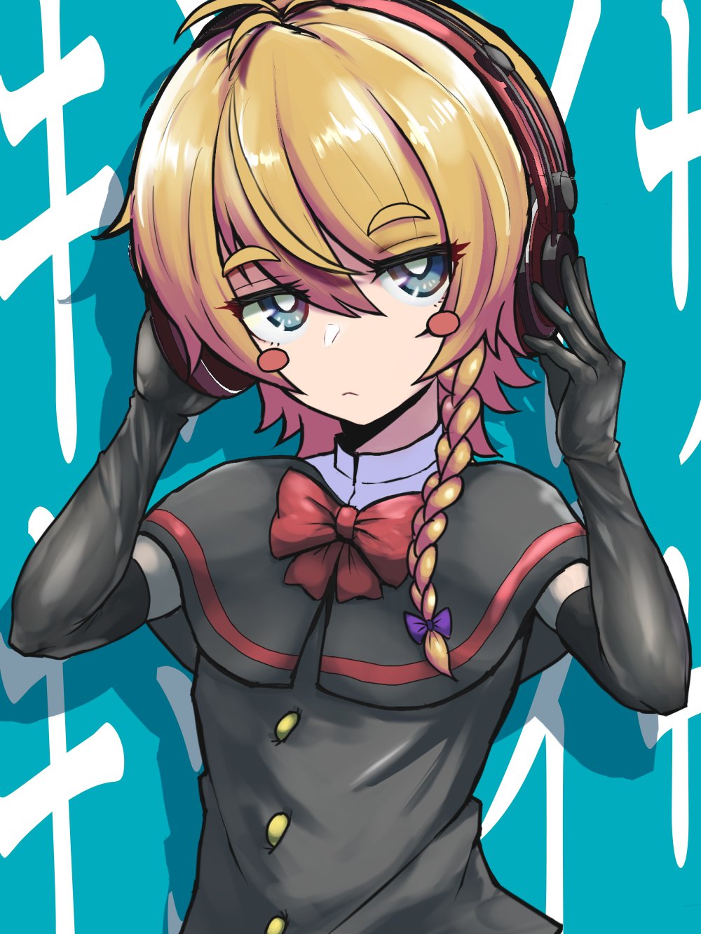 1girl, black_capelet, black_gloves, black_vest, blonde_hair, blue_background, blue_eyes, blush_stickers