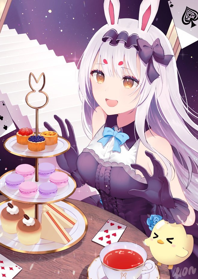 1girl, ace_of_spades, animal_ears, azur_lane, black_bow, black_gloves, blue_flower, blue_rose