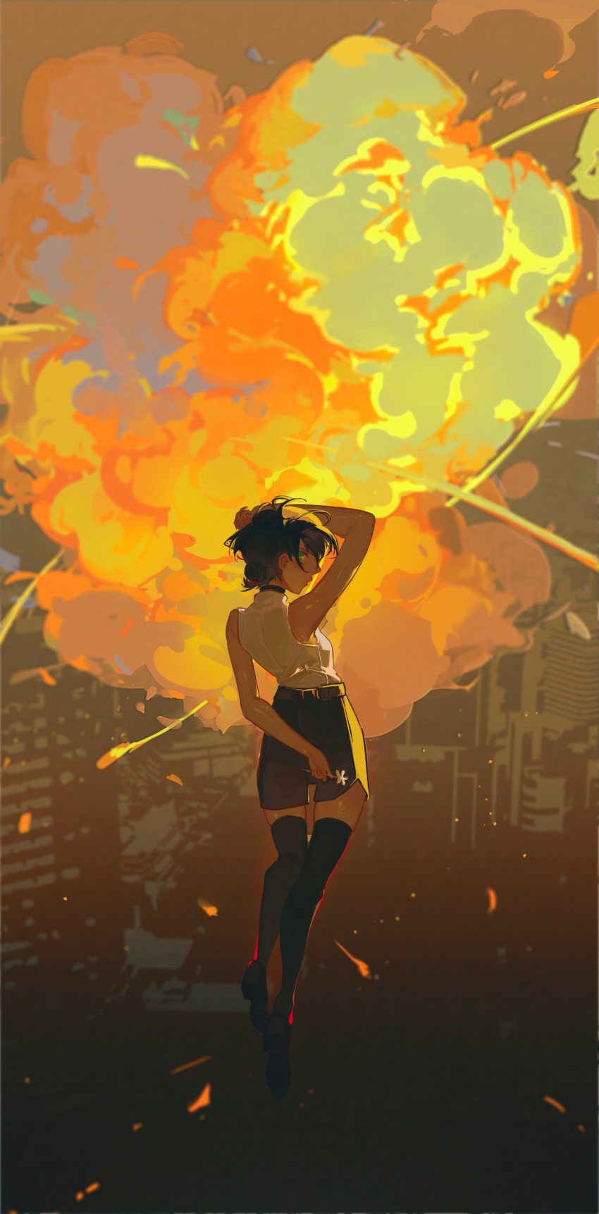 1girl, absurdres, arm_up, black_choker, black_hair, black_shorts, chainsaw_man, choker