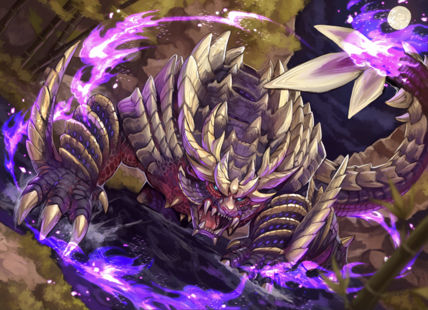 arm_blade, blue_eyes, claws, fire, full_moon, highres, magnamalo, monster_hunter_(series)
