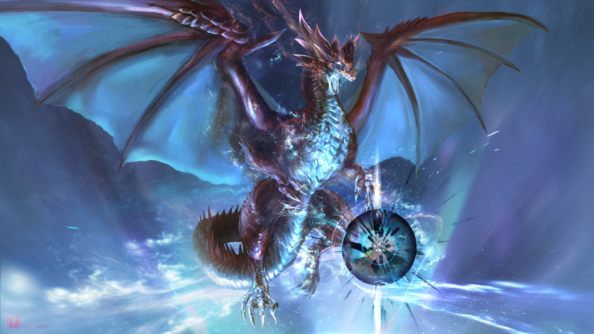 claws, dragon, dragon_claw, dragon_horns, dragon_wings, glowing, glowing_eyes, glowing_mouth