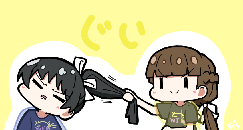 >:), 2girls, annoyed, aoyama_nagisa, black_hair, black_shirt, blue_shirt, blunt_bangs, bow, braid, brown_hair, chibi, closed_mouth, emphasis_lines, french_braid, grabbing_another's_hair, hair_bow, hazuki_ren, long_hair, love_live!, love_live!_superstar!!, low_twintails, multiple_girls, oofushi_ao, ponytail, sakurakouji_kinako, shirt, twintails, v-shaped_eyebrows, voice_actor_connection, white_bow