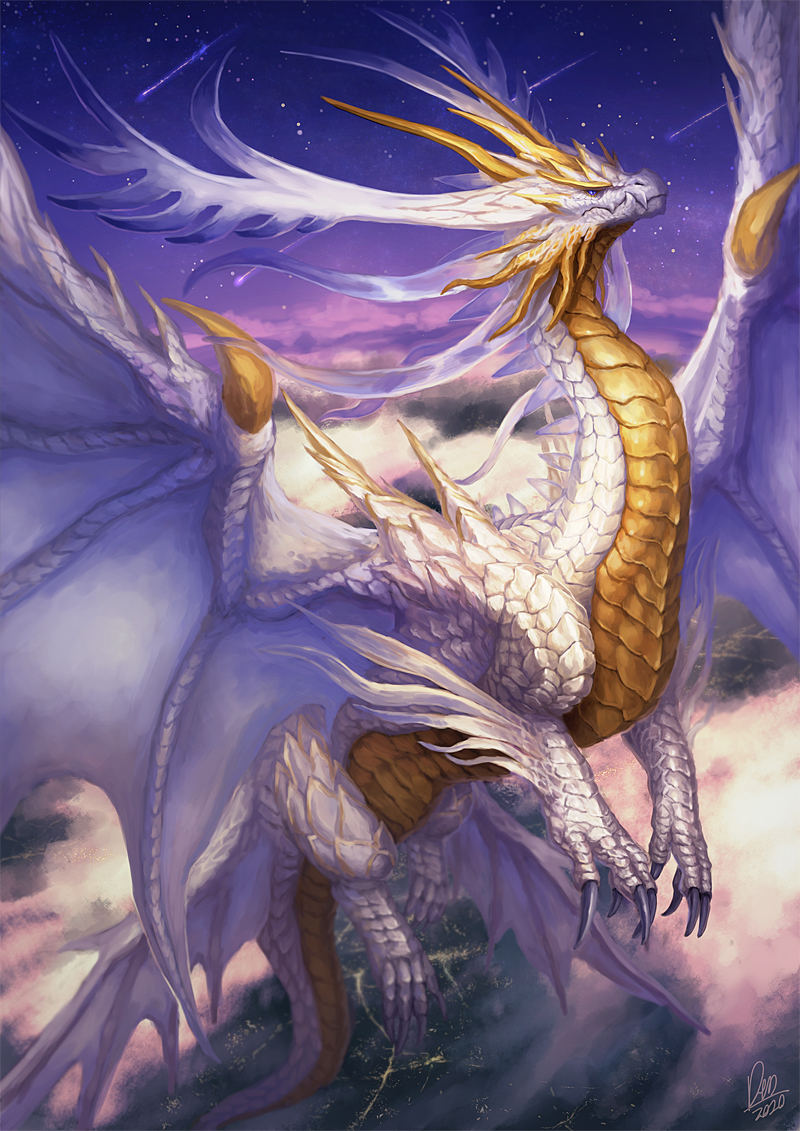 blue_eyes, claws, dragon, dragon_claw, dragon_horns, dragon_wings, falling_star, gold_horns