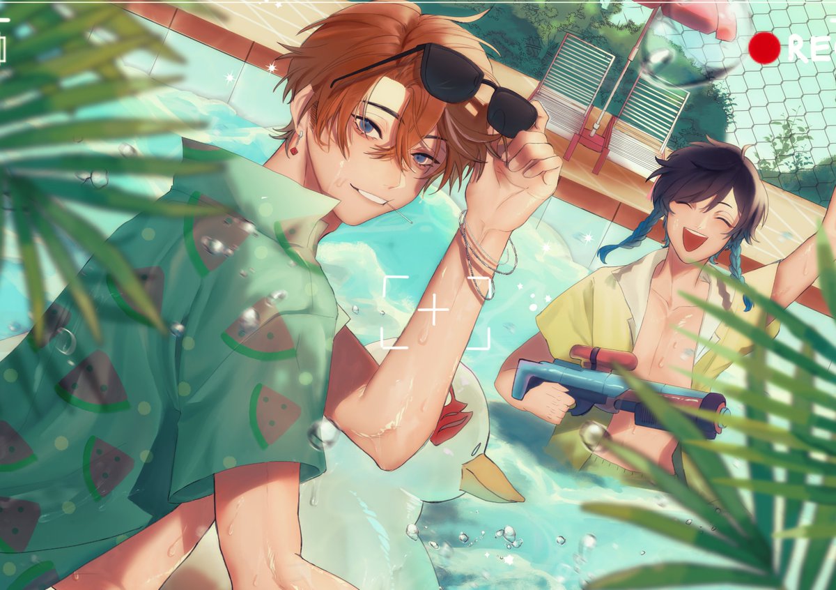2boys, alternate_costume, black_hair, blue_hair, braid, cisforchildecm, collared_shirt, earrings, eyewear_removed, food_print, fruit_print, genshin_impact, holding, holding_eyewear, jewelry, looking_at_viewer, male_focus, multicolored_hair, multiple_boys, open_mouth, partially_underwater_shot, shirt, short_hair, short_hair_with_long_locks, single_earring, smile, swimsuit, tartaglia_(genshin_impact), twin_braids, venti_(genshin_impact), viewfinder, watermelon_print