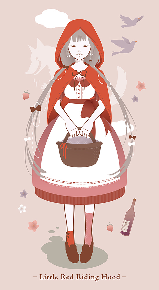 1girl, asymmetrical_legwear, basket, big_bad_wolf_(grimm), bird, bottle, bow, brown_footwear, cloak, closed_eyes, clouds, copyright_name, dress, flat_color, grimm's_fairy_tales, hair_bow, holding, holding_basket, hood, hood_up, hooded_cloak, kana57, little_red_riding_hood, little_red_riding_hood_(grimm), long_hair, mismatched_legwear, multiple_hair_bows, picnic_basket, red_cloak, red_hood, red_socks, sock_bow, socks, very_long_hair, wine_bottle, wolf