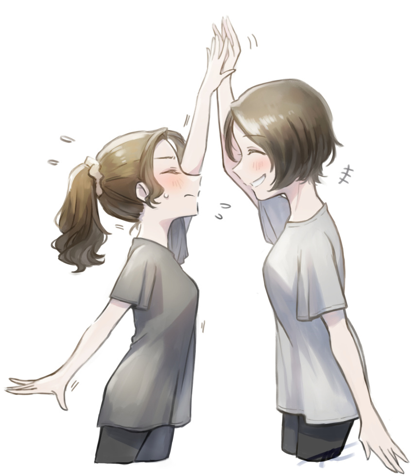 +++, 2girls, ^_^, arm_at_side, arm_up, artist_name, black_pants, blush
