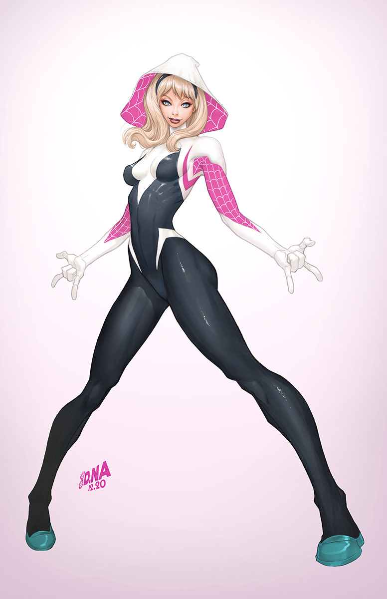 1girl, blonde_hair, blue_eyes, bodysuit, dated, david_nakayama, english_text, gwen_stacy