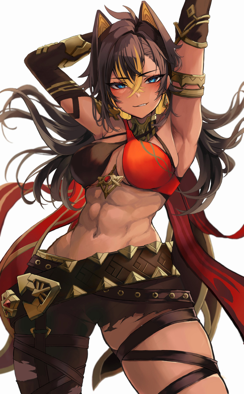 1girl, abs, absurdres, akechi_(akechi_5416), arm_behind_head, arm_up, armpits, bare_shoulders, black_hair, blonde_hair, blue_eyes, blush, breasts, crossed_bangs, dark-skinned_female, dark_skin, dehya_(genshin_impact), earrings, fang, floating_hair, genshin_impact, hair_between_eyes, halterneck, highres, jewelry, large_breasts, long_hair, looking_at_viewer, multicolored_hair, navel, parted_lips, simple_background, solo, stomach, streaked_hair, white_background