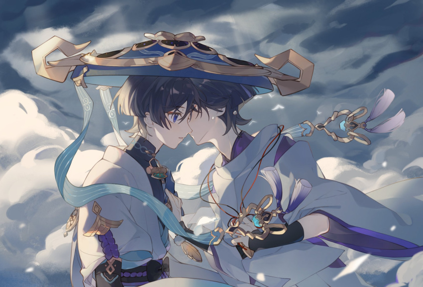 1boy, black_shirt, blunt_ends, detached_sleeves, genshin_impact, hair_between_eyes, hat, highres