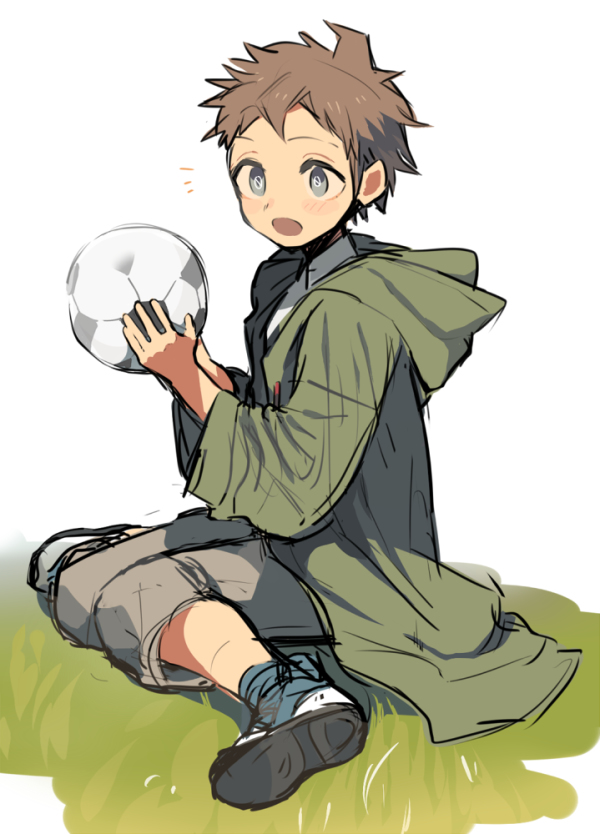 1boy, :o, ahoge, ball, brown_pants, danganronpa_(series), danganronpa_2:_goodbye_despair, fug_uai