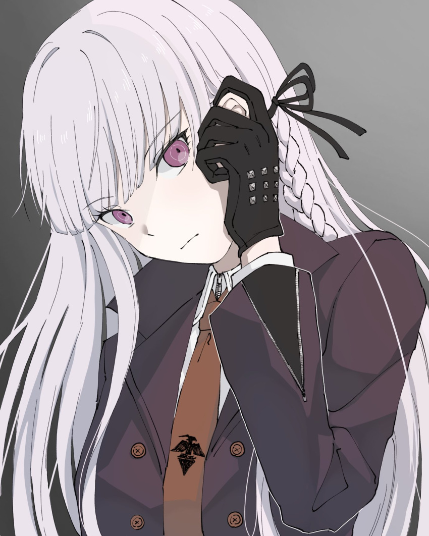 1girl, black_gloves, black_jacket, black_ribbon, braid, brown_necktie, closed_mouth, collared_shirt