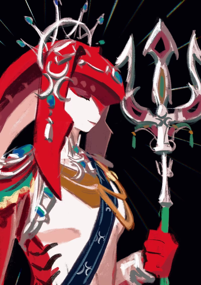 1girl, black_background, breasts, colored_skin, fins, fish_girl, hair_ornament, hand_up, highres, holding, holding_polearm, holding_weapon, jewelry, long_hair, mipha, monster_girl, multicolored_skin, no_eyebrows, pointy_ears, polearm, red_skin, redhead, senzo6700, simple_background, smile, solo, spear, the_legend_of_zelda, the_legend_of_zelda:_breath_of_the_wild, weapon, zora