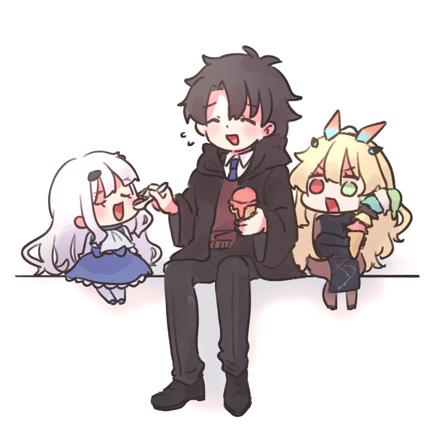 1boy, 2girls, black_hair, blonde_hair, closed_eyes, dress, eating, fairy_knight_gawain_(fate)