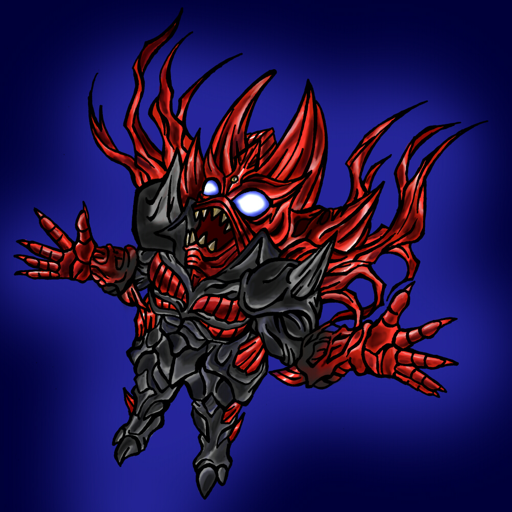 blue_background, claws, demon_horns, fangs, full_body, garo_(series), garo_fang_of_god_(series), garo_gold_storm_flight_(series), gradient_background, holding_hands, horns, horror_(garo), jinga_(garo), monster, open_mouth, punnozi, tentacles, white_eyes