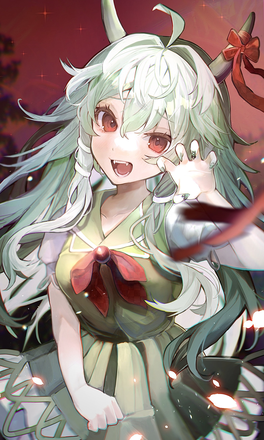 1girl, absurdres, ahoge, blush, bow, collarbone, dress, ex-keine