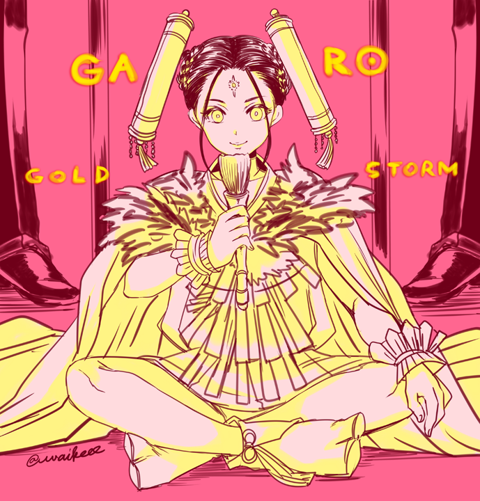 1girl, 2boys, black_hair, blonde_hair, capelet, copyright_name, full_body, garo_(series)