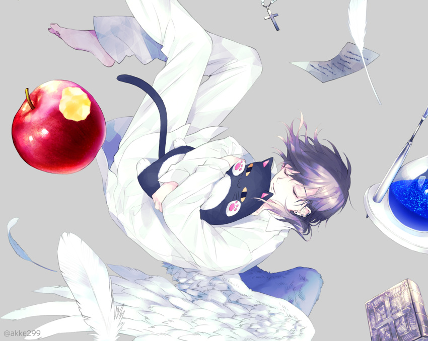 1boy, akke_(akke299), angel, angel_wings, apple, bishounen, brown_hair, closed_eyes