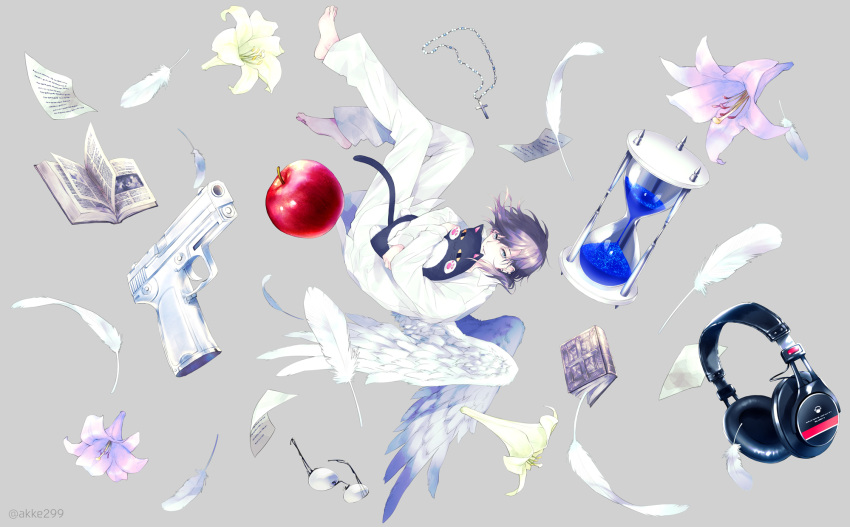 1boy, akke_(akke299), angel, angel_wings, apple, bishounen, brown_hair, collared_shirt