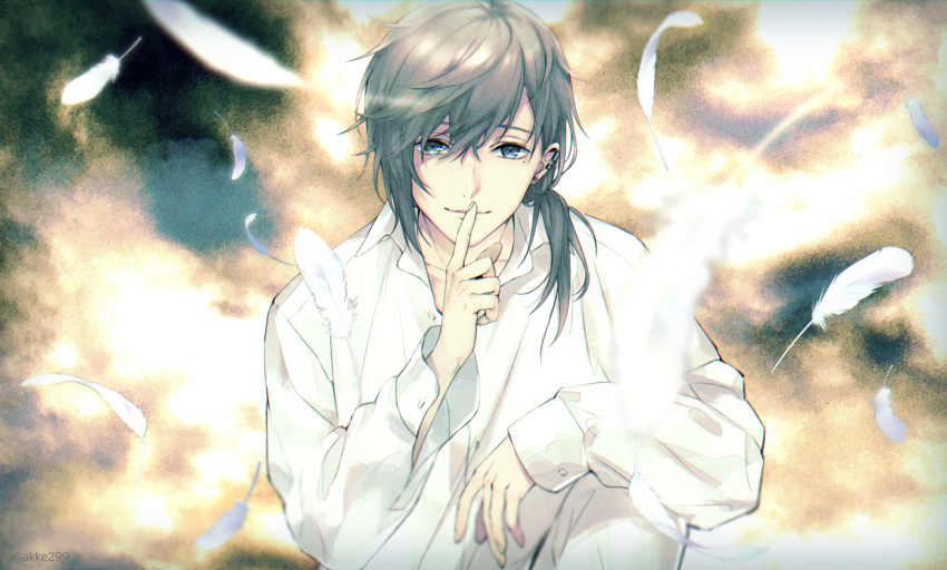 1boy, akke_(akke299), brown_hair, closed_mouth, collared_shirt, ear_piercing, feathers, finger_to_mouth
