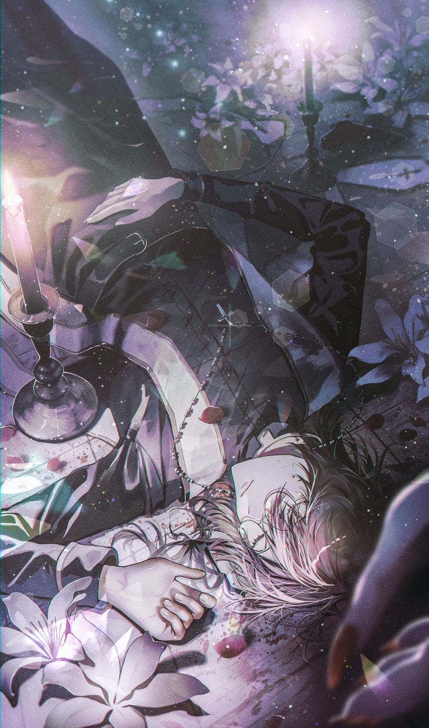 1boy, absurdres, belt, bishounen, black_jacket, black_pants, brown_hair, candle