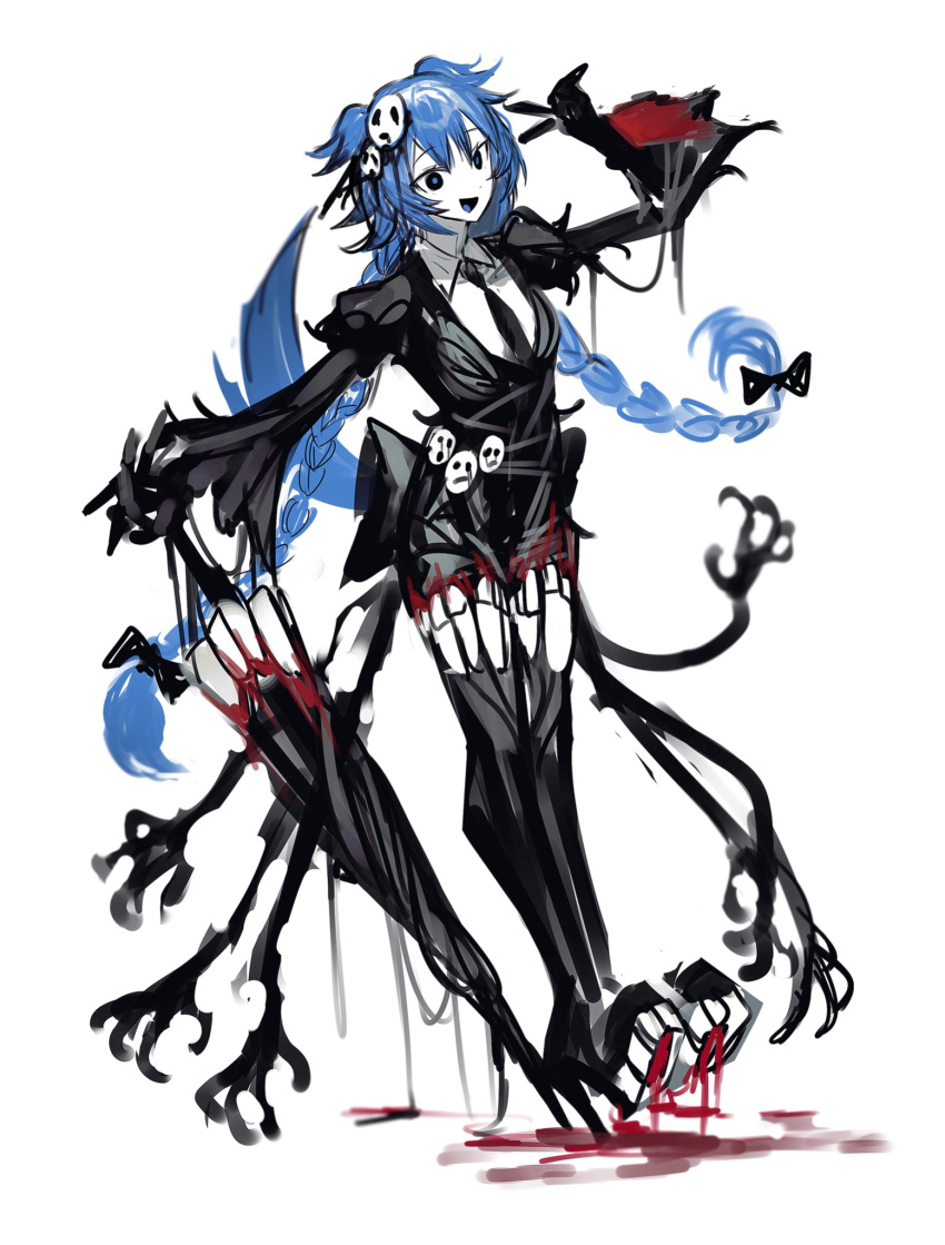 1girl, black_eyes, black_gloves, black_jacket, black_necktie, black_shorts, black_thighhighs, blood, blue_hair, blue_pupils, blue_tongue, braid, closed_umbrella, colored_tongue, e.g.o_(project_moon), employee_(lobotomy_corporation), extra_teeth, gloves, highres, holding, holding_umbrella, jacket, lobotomy_corporation, mask, mask_on_head, mountain_of_smiling_bodies, necktie, original, project_moon, remsrar, shorts, solo, thigh-highs, twin_braids, twintails, umbrella, v