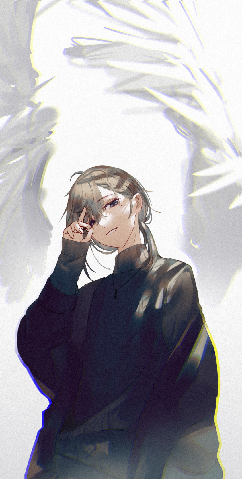 1boy, absurdres, angel, angel_wings, bishounen, black_jacket, brown_hair, cable_knit