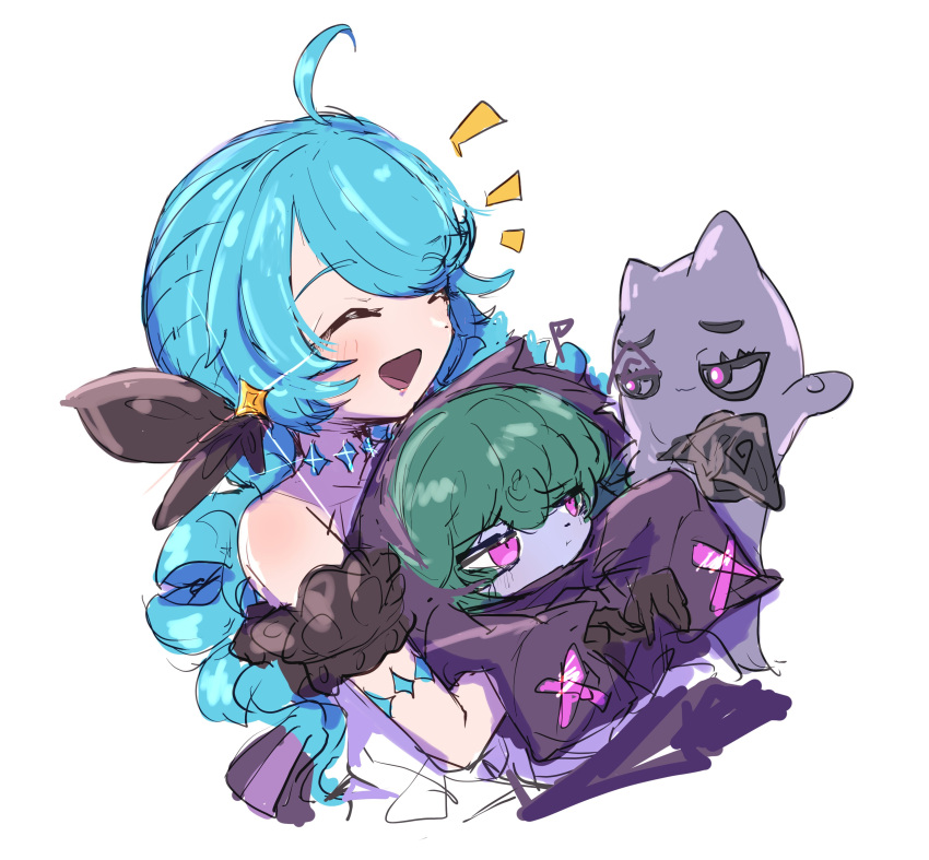 2girls, :d, absurdres, ahoge, bare_shoulders, black_gloves, black_hoodie, black_sleeves