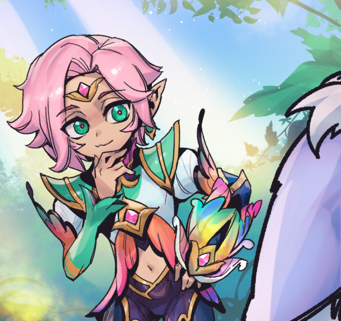 1boy, black_pants, cowboy_shot, earrings, ezreal, faerie_court_ezreal, gem, green_eyes, green_sleeves, grey_shirt, hand_on_own_chin, hand_up, jewelry, league_of_legends, leaning_forward, male_focus, multicolored_background, navel, pants, phantom_ix_row, pointy_ears, shirt, shoulder_plates, solo, tree, wavy_mouth