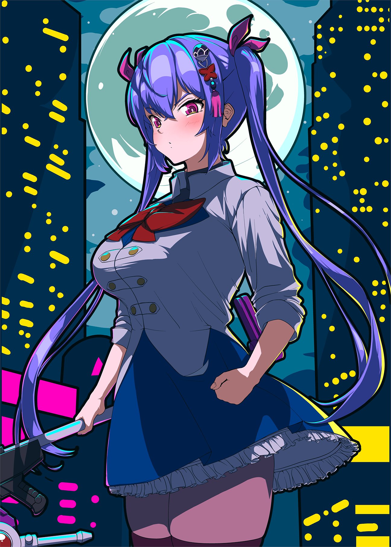 1girl, arms_at_sides, assault_lily, blue_skirt, blush, bow, bowtie, breasts, brown_thighhighs, building, buttons, city, clenched_hand, closed_mouth, commentary_request, cowboy_shot, frilled_skirt, frills, full_moon, hair_between_eyes, hair_ornament, hair_ribbon, herensuge_girls_academy_school_uniform, high-waist_skirt, highres, holding, holding_weapon, jacket, large_breasts, long_hair, long_sleeves, looking_at_viewer, matsumura_fuuka, miniskirt, moon, nifu_(nixets), night, outdoors, pink_eyes, pink_ribbon, purple_hair, red_bow, red_bowtie, ribbon, school_uniform, skirt, skyscraper, sleeves_pushed_up, solo, standing, tassel, tassel_hair_ornament, thigh-highs, twintails, v-shaped_eyebrows, very_long_hair, weapon, white_jacket, zettai_ryouiki