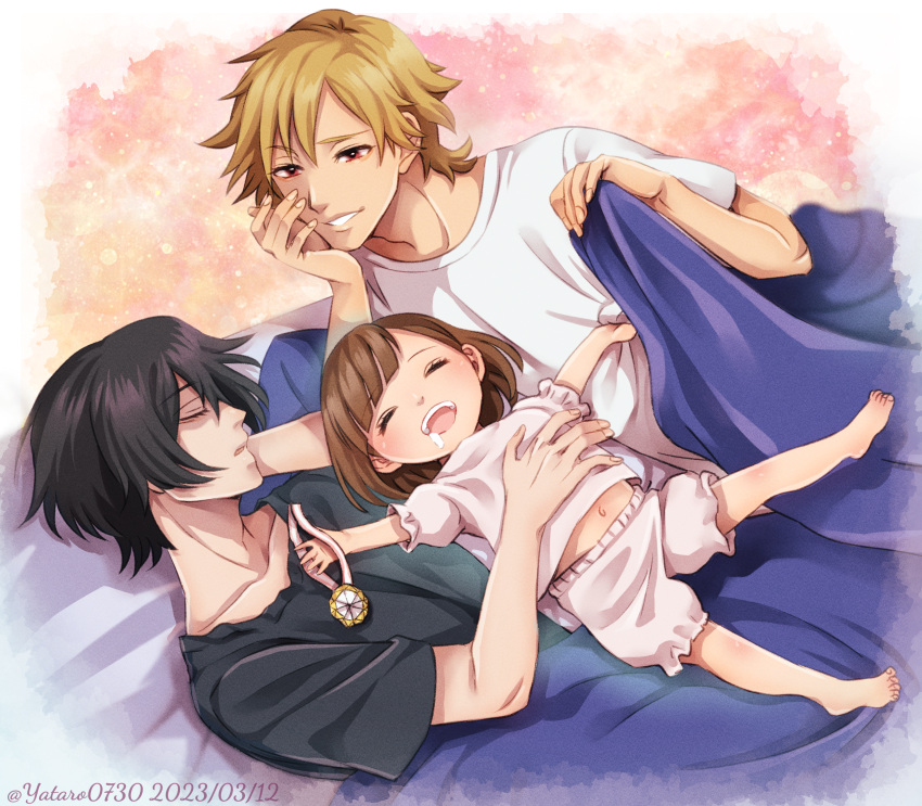 1girl, 2boys, artist_name, barefoot, black_hair, black_shirt, blonde_hair, brown_hair