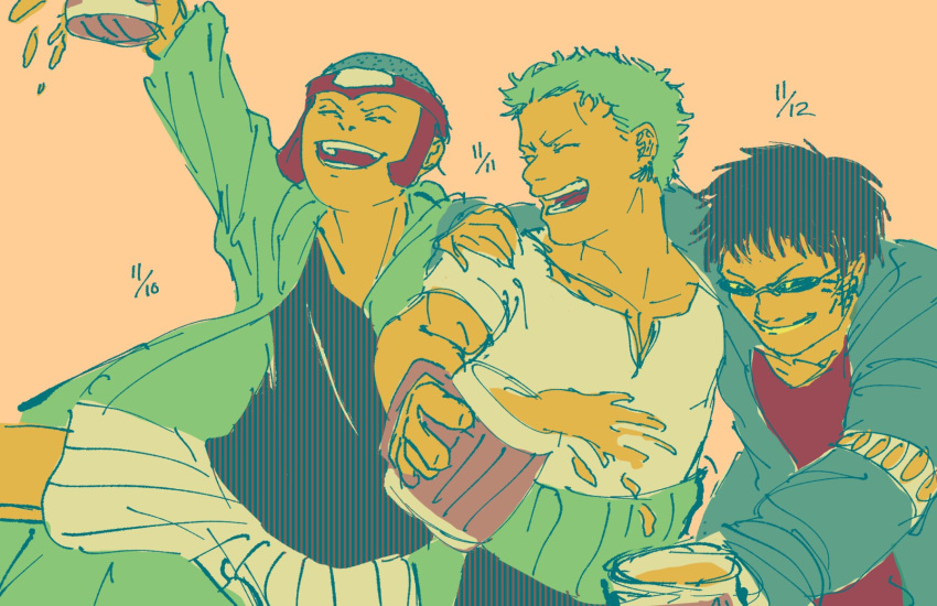3boys, bald, black_hair, closed_eyes, earrings, green_hair, highres, hug