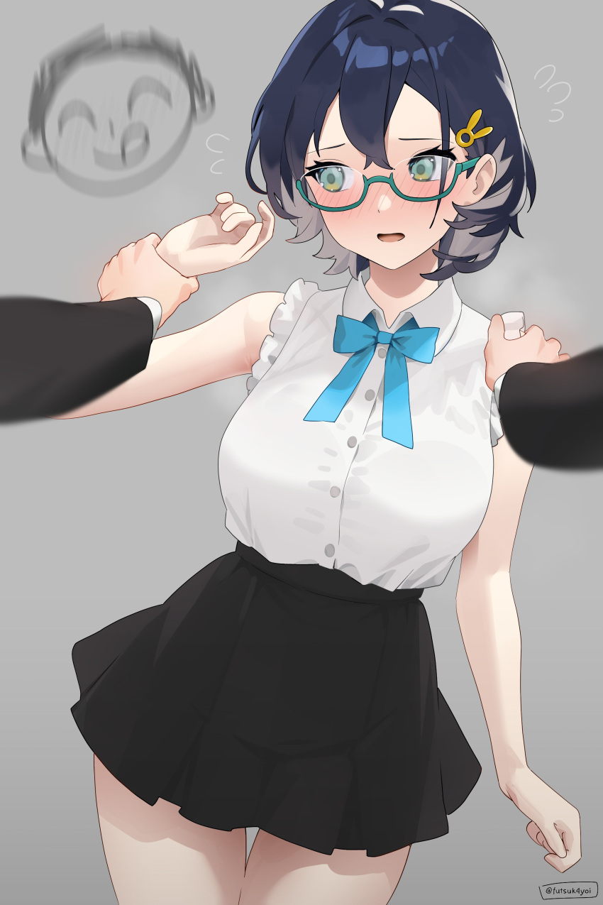 1boy, 1girl, absurdres, bare_arms, bare_shoulders, black_skirt, blue_archive, blue_hair